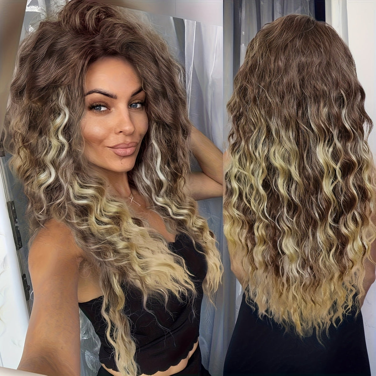 Ombre Dark Root Curly Wig Long Wavy 30 Inch Synthetic Middle Part Ash Blonde Brown Gradient Orange Voluminous Party Halloween Daily Wear Women - product image 2