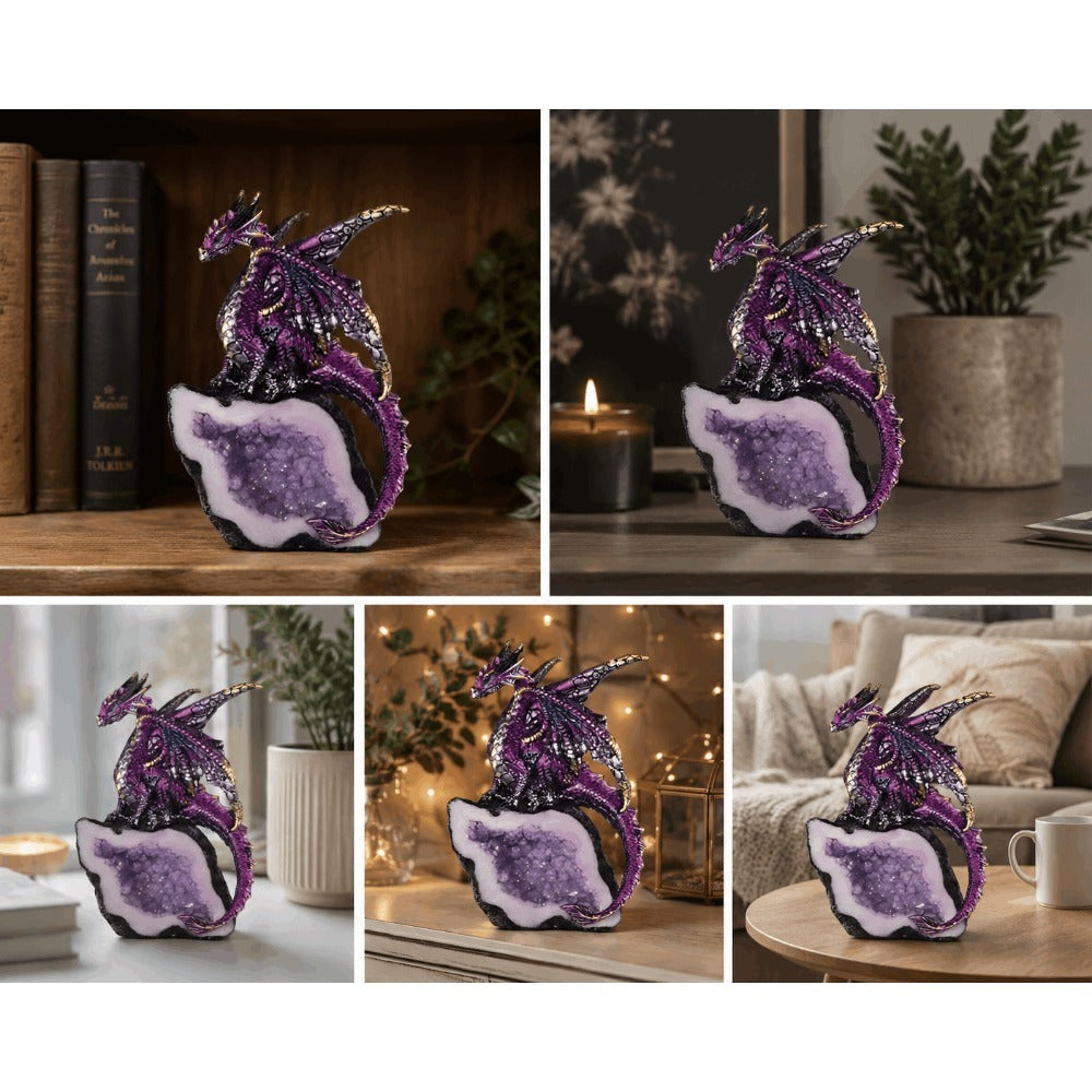Dragon Figurine Purple Dragon Guarding Crystal Cave Statue 5.5 Inch Polyresin Sculpture Collectible Home Decor for Bookshelf Office Living Room Unique Gift for Birthdays Housewarmi - product image