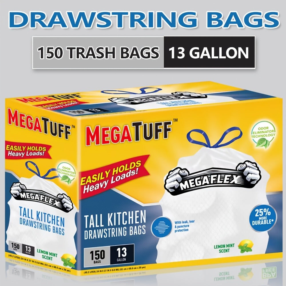 Drawstring Trash Bags 13 Gallon, 150 Count Tall Kitchen Garbage Bags, Puncture & Tear Resistant, Odor Eliminator Technology, Lemon Mint Fresh Scent, Disposable Drawstring Waste Bag - product image