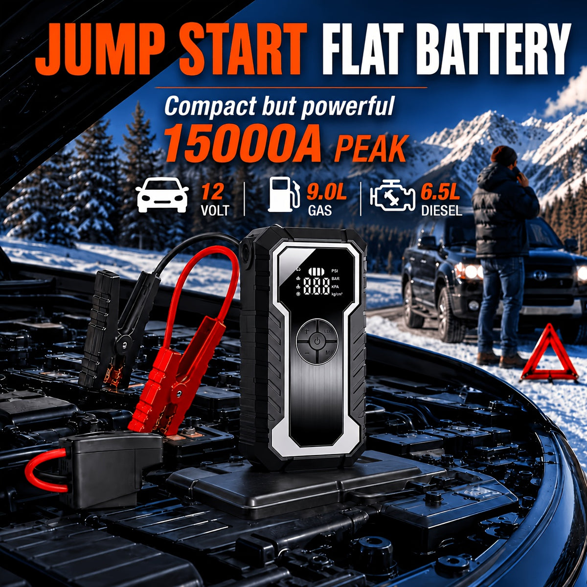 Portable Tire Inflator with Digital Pressure Gauge, Portable Air Compressor, 150PSI/210 PSI, 22 Cylinders, Built-In 12V Car Emergency Jump Starter and Battery - product image 4