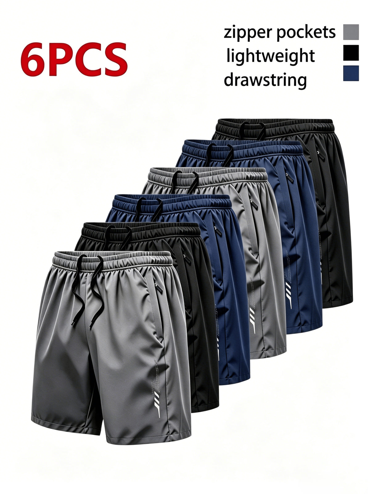 6pcs Of Men's Lightweight Summer Athletic Shorts - Breathable, Moisture-wicking, and Quick-drying; Solid Colors With Zippered Pockets; Suitable For Both Sports - product image 3