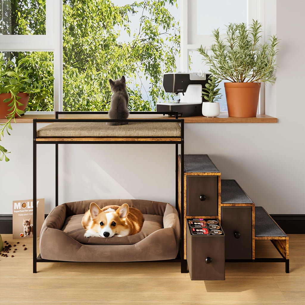 Cat Window Perch with Stairs & 3 Storage Drawers | Large Multi-Level Pet Bunk Bed Platform for Cats and Dogs, Foam Upholstered - product image 2