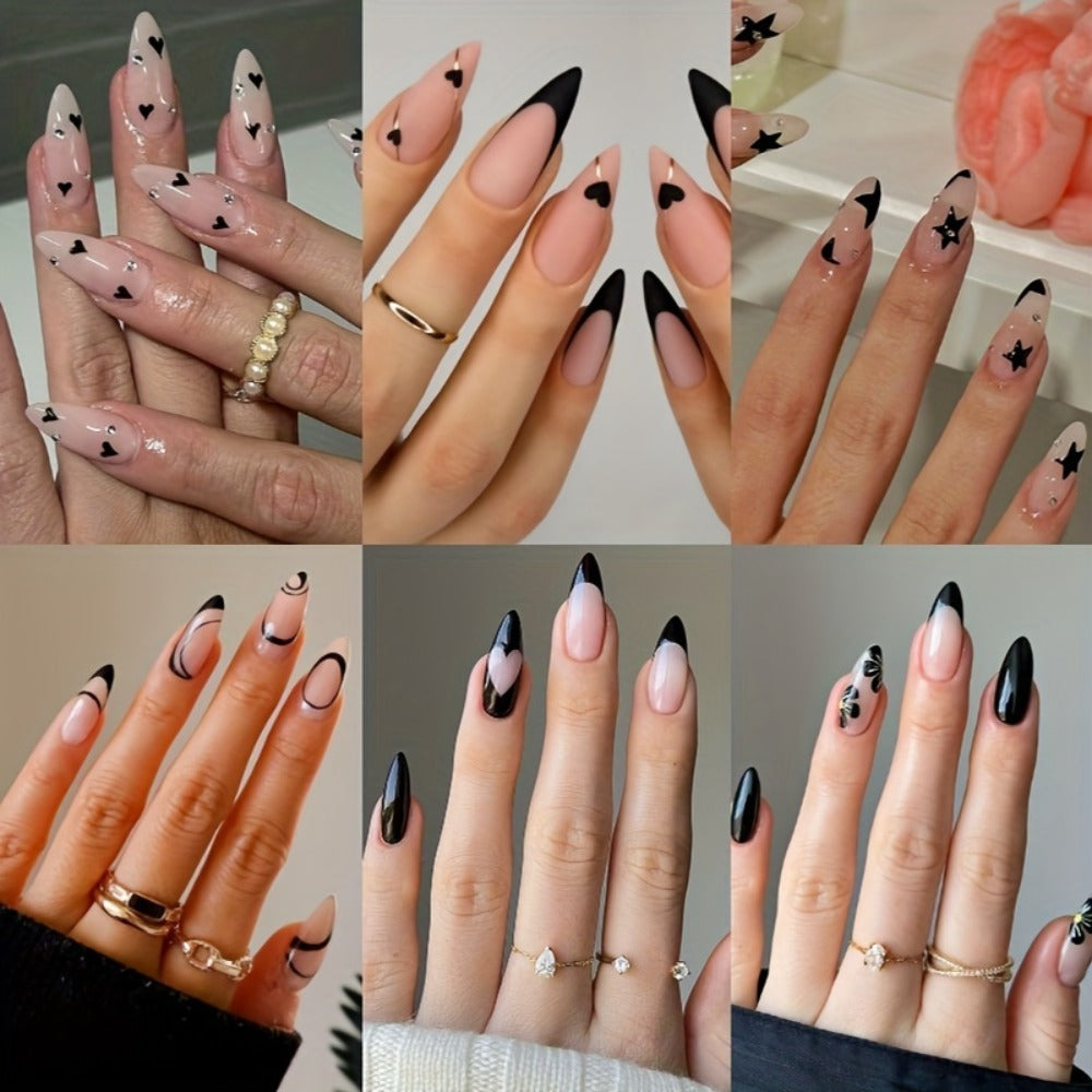 Short Almond Press On Nails 144 Pieces with Glue Pink Flower Rhinestone Black French Tip Full Cover Fake Nails Cute Nail Art Kit for Women Girls Daily Wear Party Wedding Date Night - product image 7