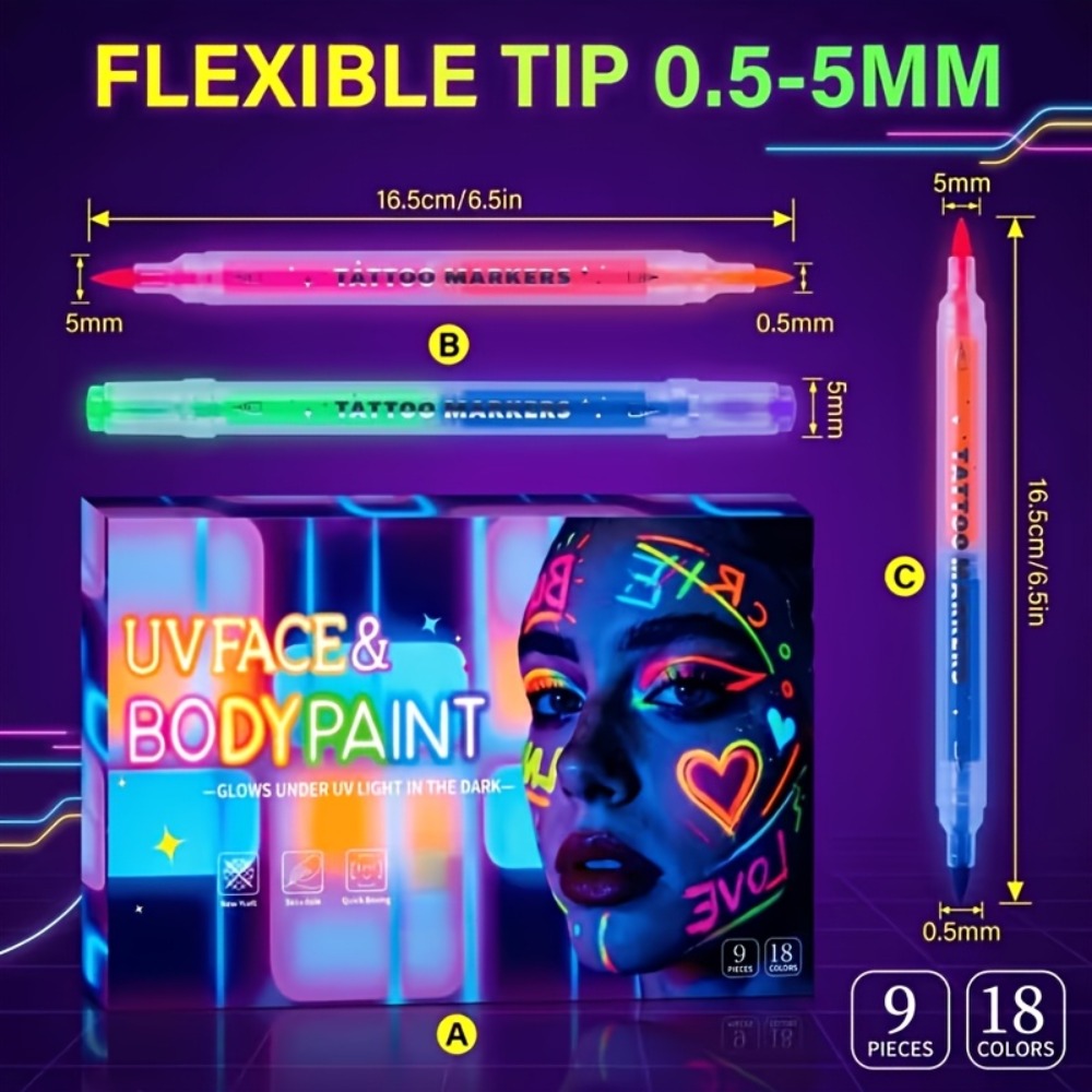 Face Body Paint Pens 18 Colors with Reusable Stencils – Washable Neon Glow in the Dark Skin-Safe Makeup Pens for Kids & Adults Parties Events Magic Shows Halloween Festivals Body A - product image 10