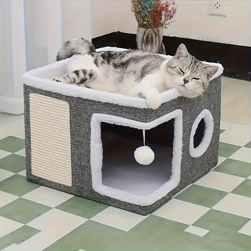 Cat House Collapsible Multi-Layer 2-Tier Bed Toy Tunnel Scratching Post Plush Hanging Ball Canvas Nylon Frame All-Season Indoor Cat Cube Enclosure Gray Classic - product image