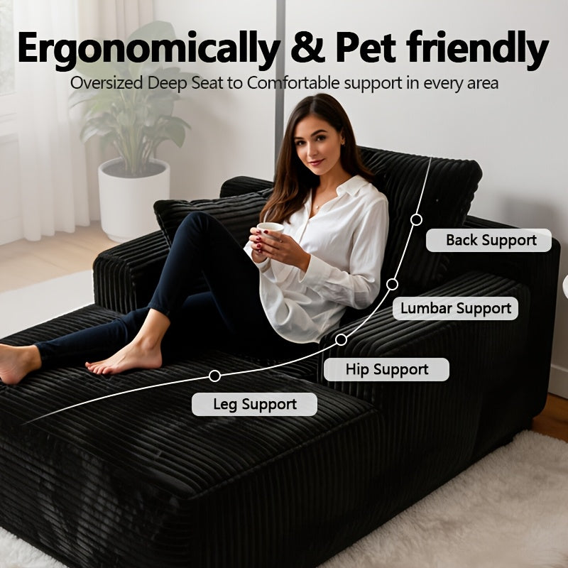 96-inch L-shaped Chaise Set, 65-inch Single Chaise Lounge, Oversized Boneless Leisure Recliner Covered with Soft Corduroy Fabric, Equipped