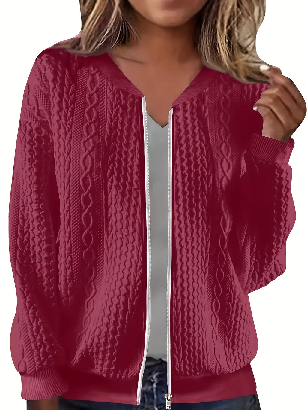 Plus Size, Plus Size Zip Up Textured Solid Jacket, Casual Long Sleeve Outerwear for Fall & Spring, Women's Plus Size Clothing - product image 4