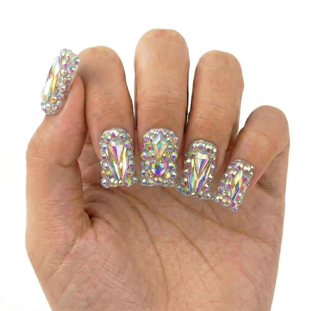 Short Duckbill Press On Nails 10pcs Handmade AB Crystal Colorful Diamond Glossy – Reusable Non-Toxic Salon Quality Spring Summer Nail Art Set with Gel Adhesive Tabs S M L for Women - product image 2