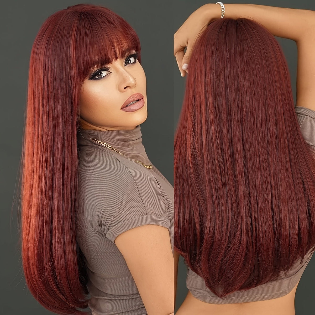 Long Straight Wig with Bangs Burgundy Wine Red 28 Inch Synthetic Heat Resistant Lightweight for Women Daily Wear Holiday Party Cosplay Halloween Natural Look Fashion - product image 7