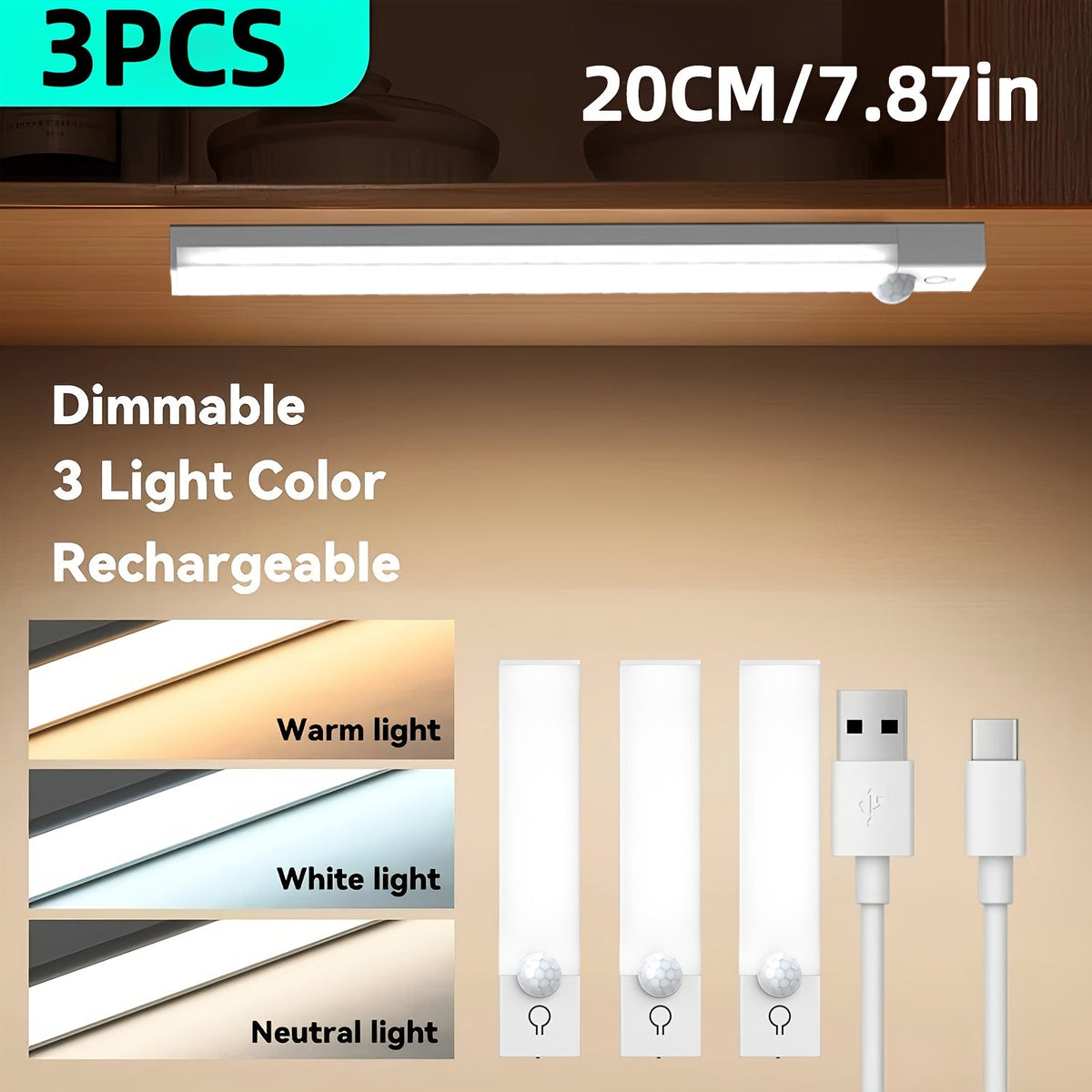 Motion Sensor Light 3 Pack USB Rechargeable LED Cabinet Light Dimmable 3 Color Temps Magnetic Base for Kitchen Closet Stairs Hallway Bedroom 7.87" 11.81" - product image 13