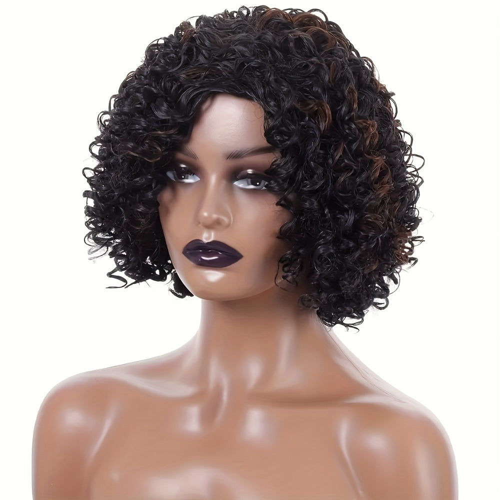 Short Afro Kinky Curly Wig 12 Inch Synthetic Heat Resistant Elastic Cap – Full Coverage Voluminous Hair Replacement Wig for Women | Black & Black Mixed Brown | Daily Wear Party Cos - product image 9