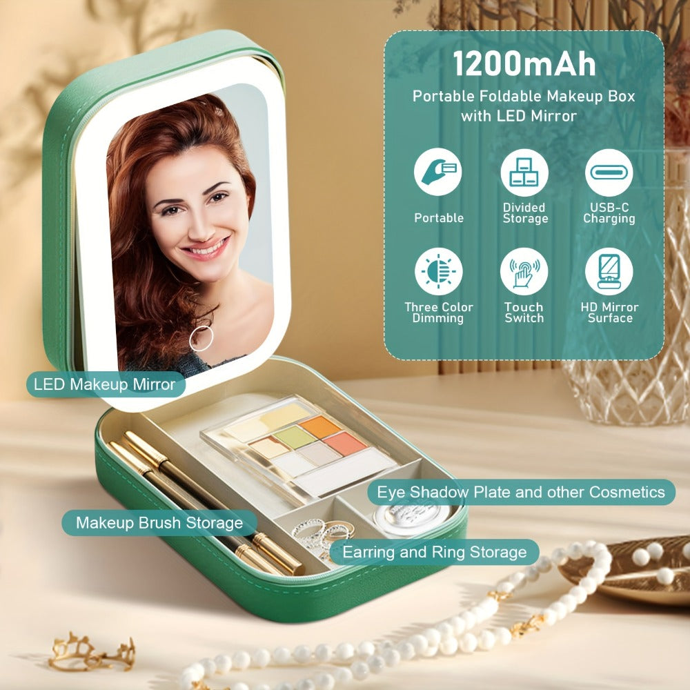 Lighted Makeup Case with LED Mirror & Cosmetic Organizer - 1200mAh Rechargeable USB Travel Makeup Train Case Portable Vanity Mirror for Women Girls Birthday Gift - product image