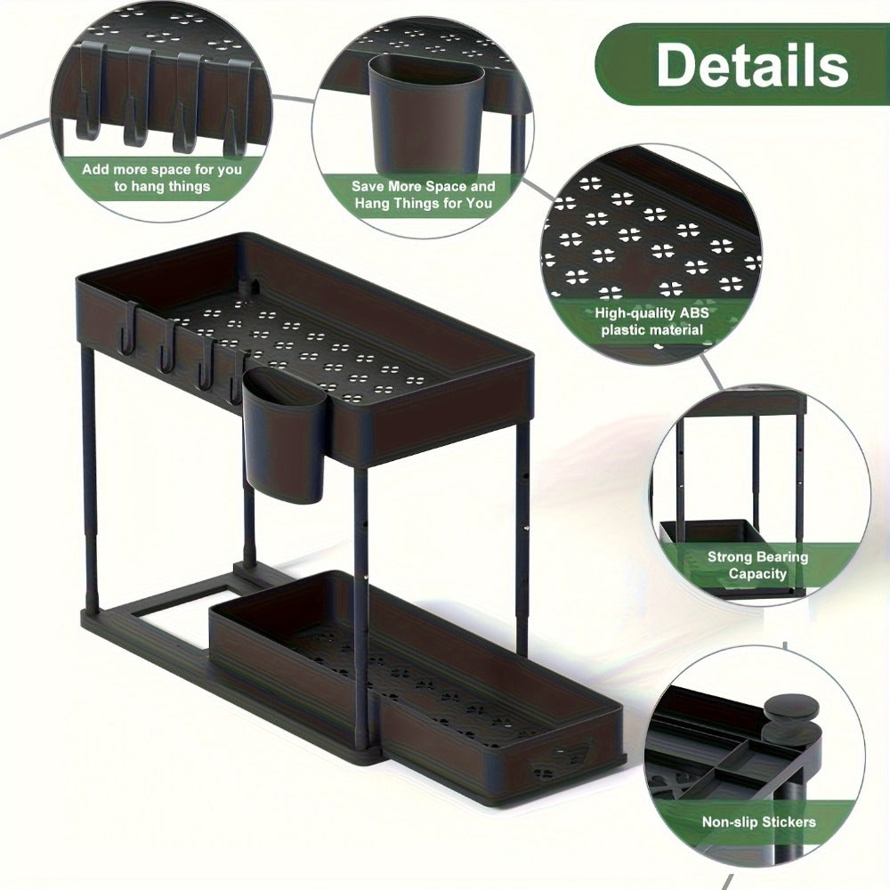 Under Sink Organizer 2-Tier Sliding Cabinet Basket with Hooks – Adjustable Bathroom Kitchen Shelf Storage Rack for Cabinets - product image 5