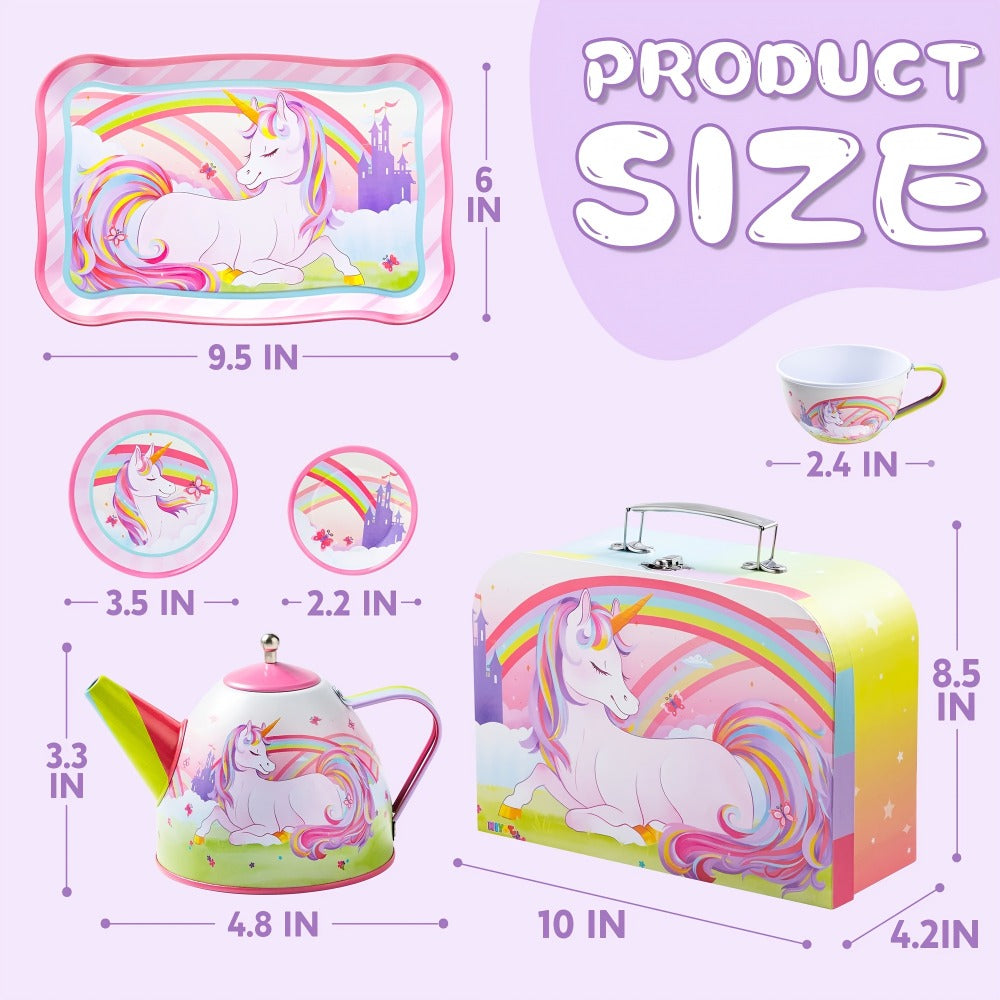 Pretend Play Pink Tin Teapot with Cups, Plates & Carrying Case, Magical Rainbow Design, Birthday Christmas Gift for Kids Ages 3+ | Unicorn Tea Party Set for - product image 2