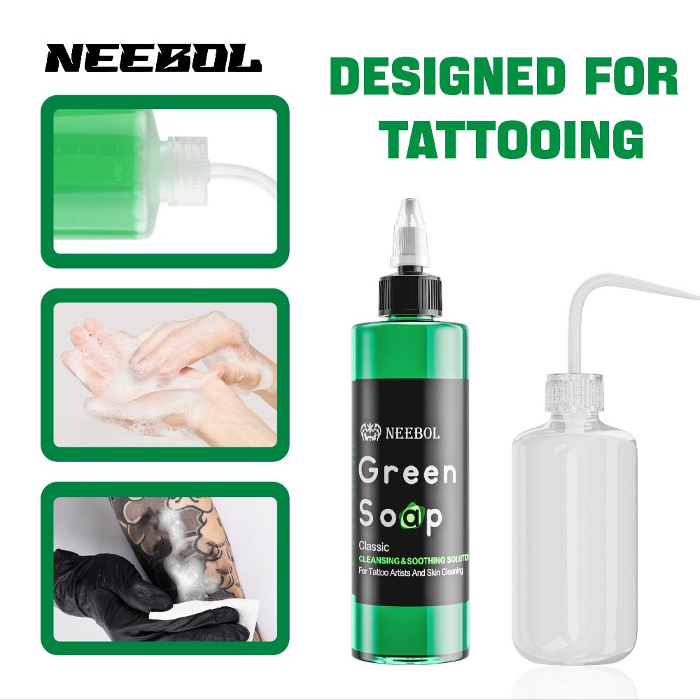 Tattoo Green Soap Concentrated Cleaning Solution 8.5oz with Squeeze Bottle Skin Prep Before During & After Tattooing Moisturizing Balm Lint-Free Wipes for Artists & PMU - product image