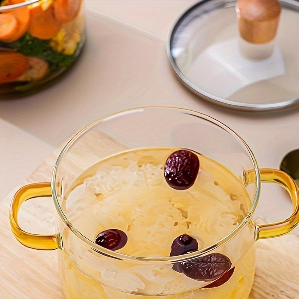 Borosilicate Glass Pot with Lid 50oz Stovetop & Microwave Safe – Double Heat-Resistant Handles for Soup, Milk & Porridge | Transparent Glass Saucepan Kitchen Cooker with Yellow or  - product image 11