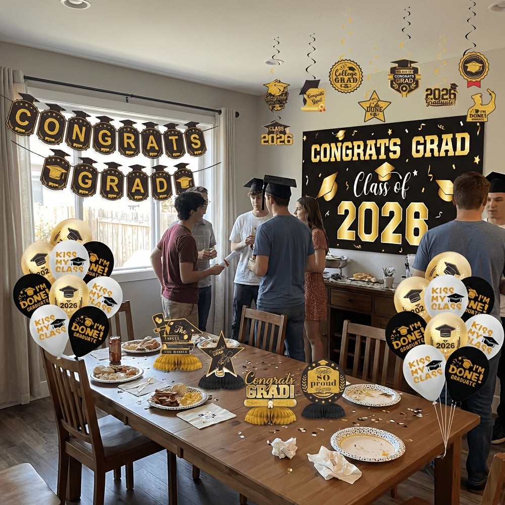 Complete Set with Backdrop Banner Hanging Swirls Balloons & Honeycomb Supplies, 6 Color Options Purple Maroon Blue Red Green Gold | Class of 2026 Graduation - product image