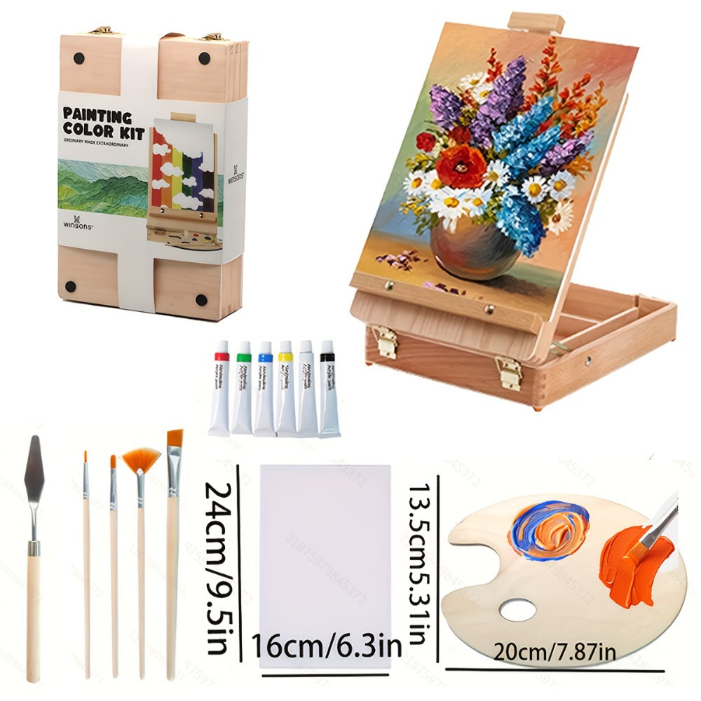 Plein Air Painting Set 14 Piece – Complete Outdoor Art Kit for Artists Adults Beginners – Carry-along Sketch Box with Adjustable Wooden Tabletop Easel Paint Canvas Tray 4 Brushes & Palette Knife