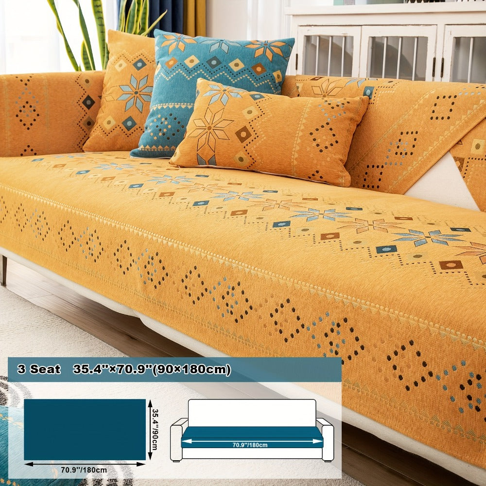 Bohemian Chenille Sofa Cover | Geometric Print Non-Slip Couch Slipcover, Thick Plush Boho Style, 1 to 4 Seat, Armrest & Backrest, Machine Washable, Sectional Sofa Protector - product image 29