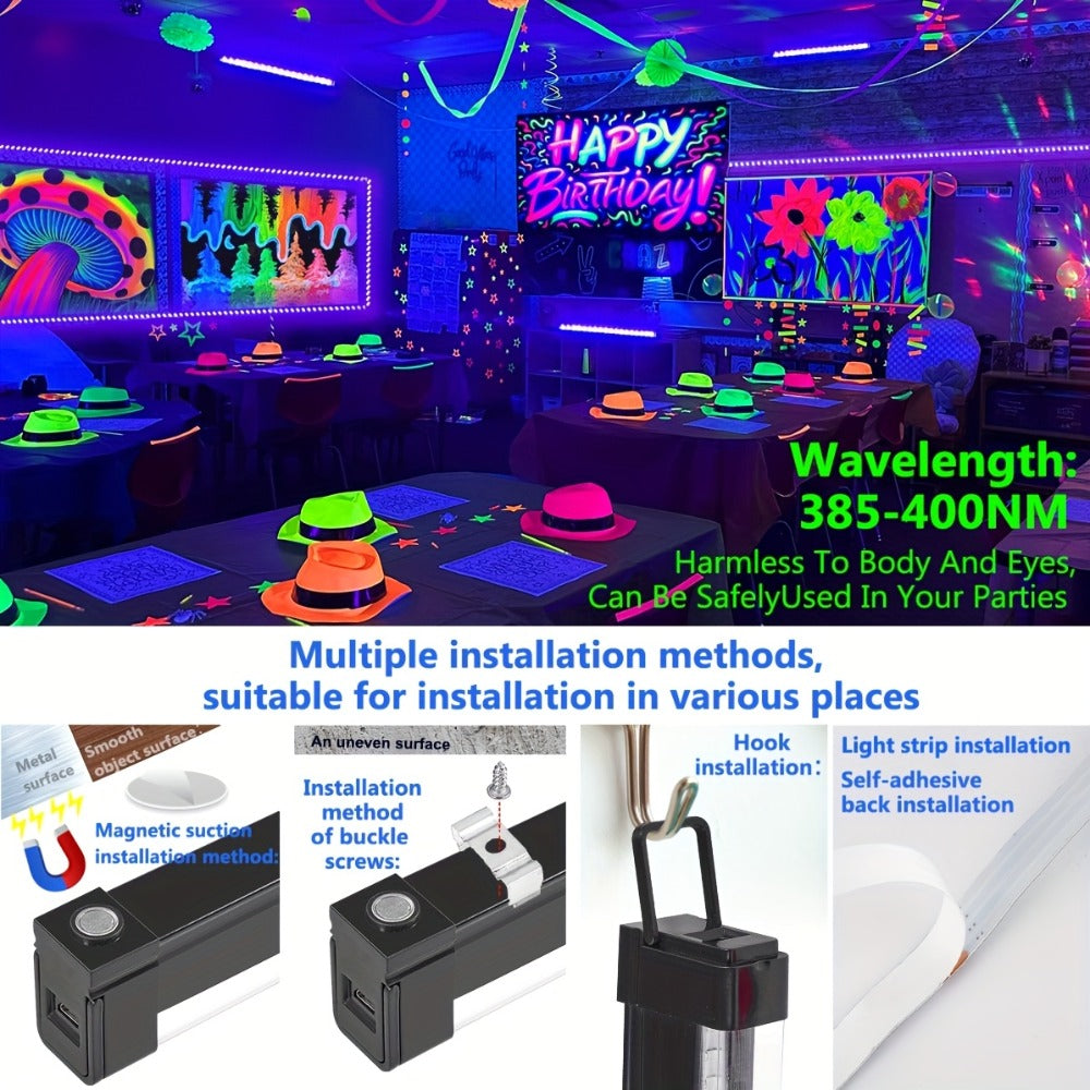 UV Black Light Bars & Strips 8-Piece Set – 385-400nm USB Powered 5V LED Blacklight for Glow Party, Halloween, Neon Party, Body Paint & Fluorescent Art (4x32cm + 4x250cm) - product image 5