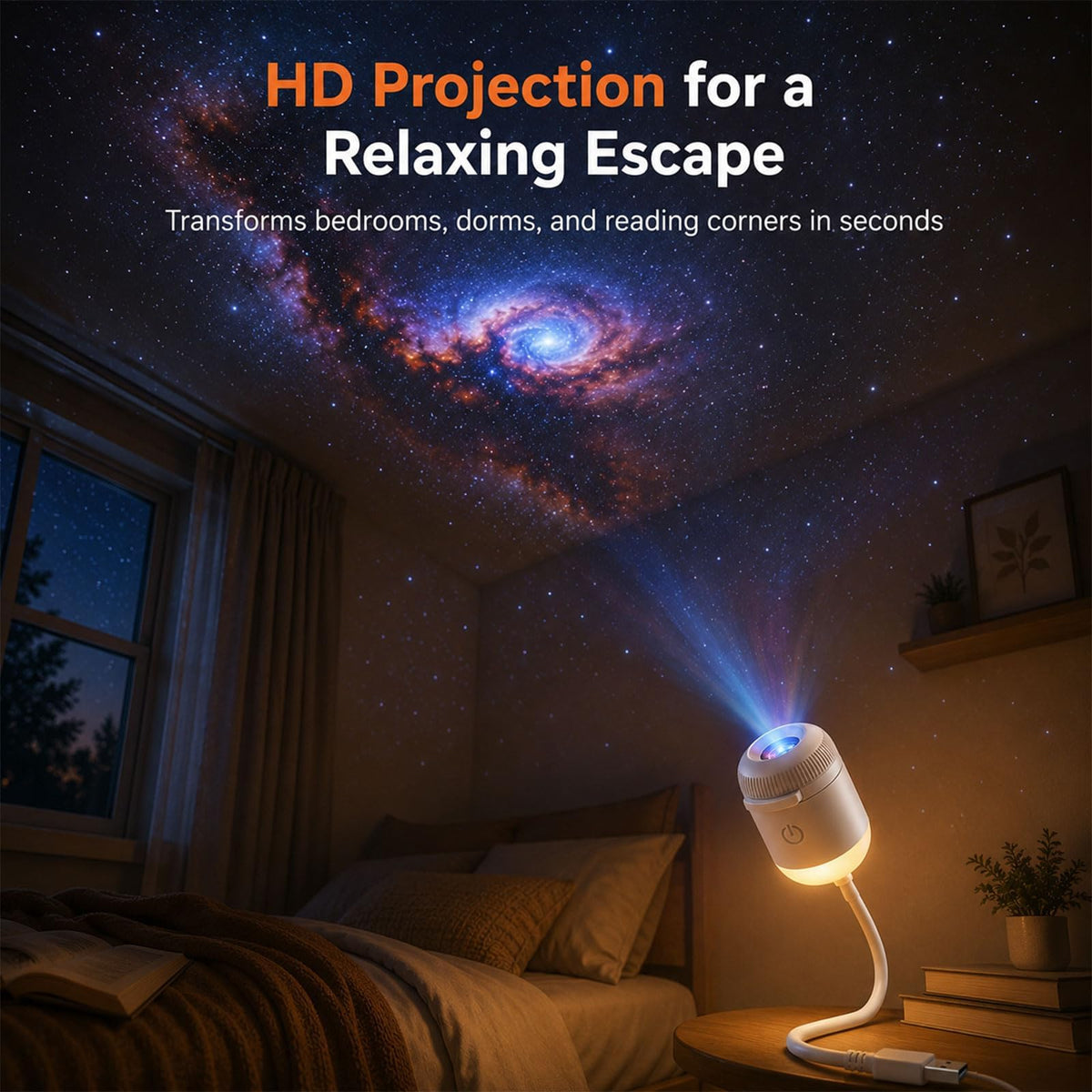 HD Smart 5D Holographic Night Light Projector, 2-in-1 Galaxy Star Lamp, 360° Rotating USB Powered Projector with 3 Films - product image 7