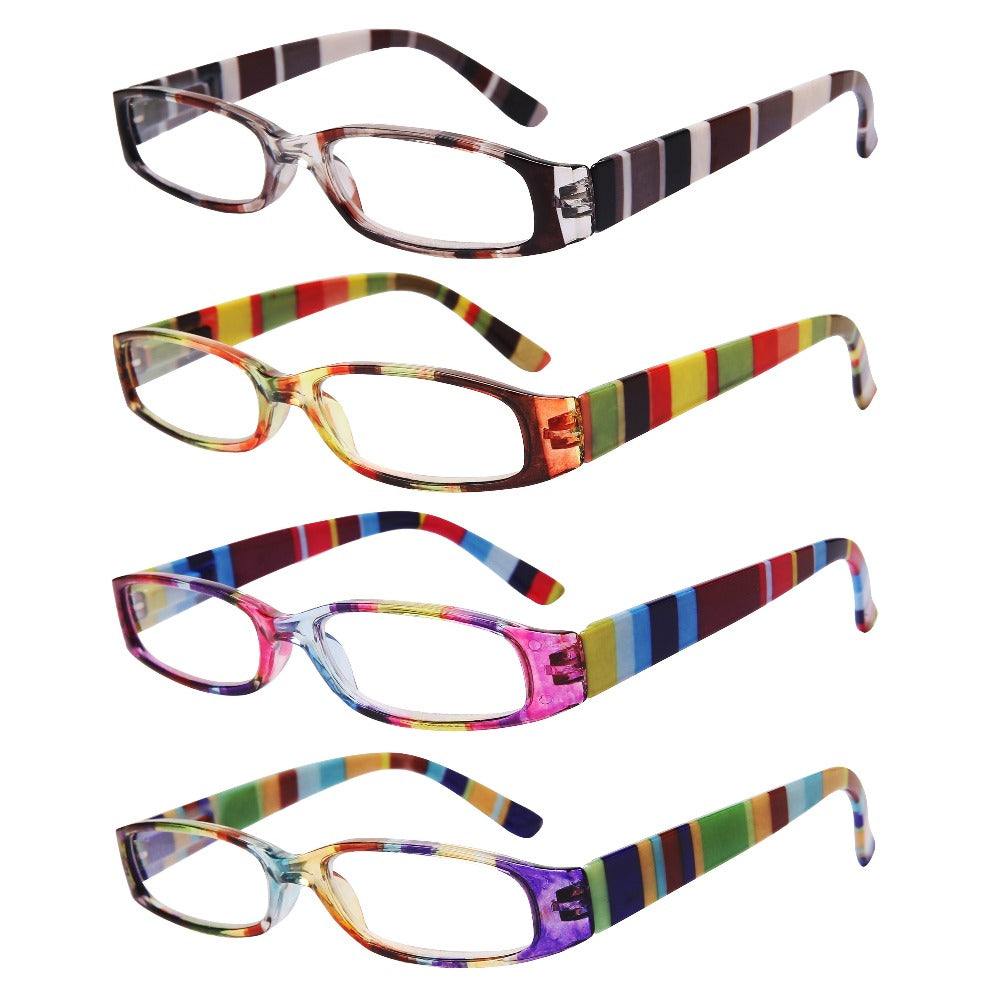 Reading Glasses 4-Pack Retro Rectangle Spring Hinge Multi-Strength for Men and Women – 1.0x to 4.0x Magnification Colorful Printed Frames Eyeglasses Set - product image