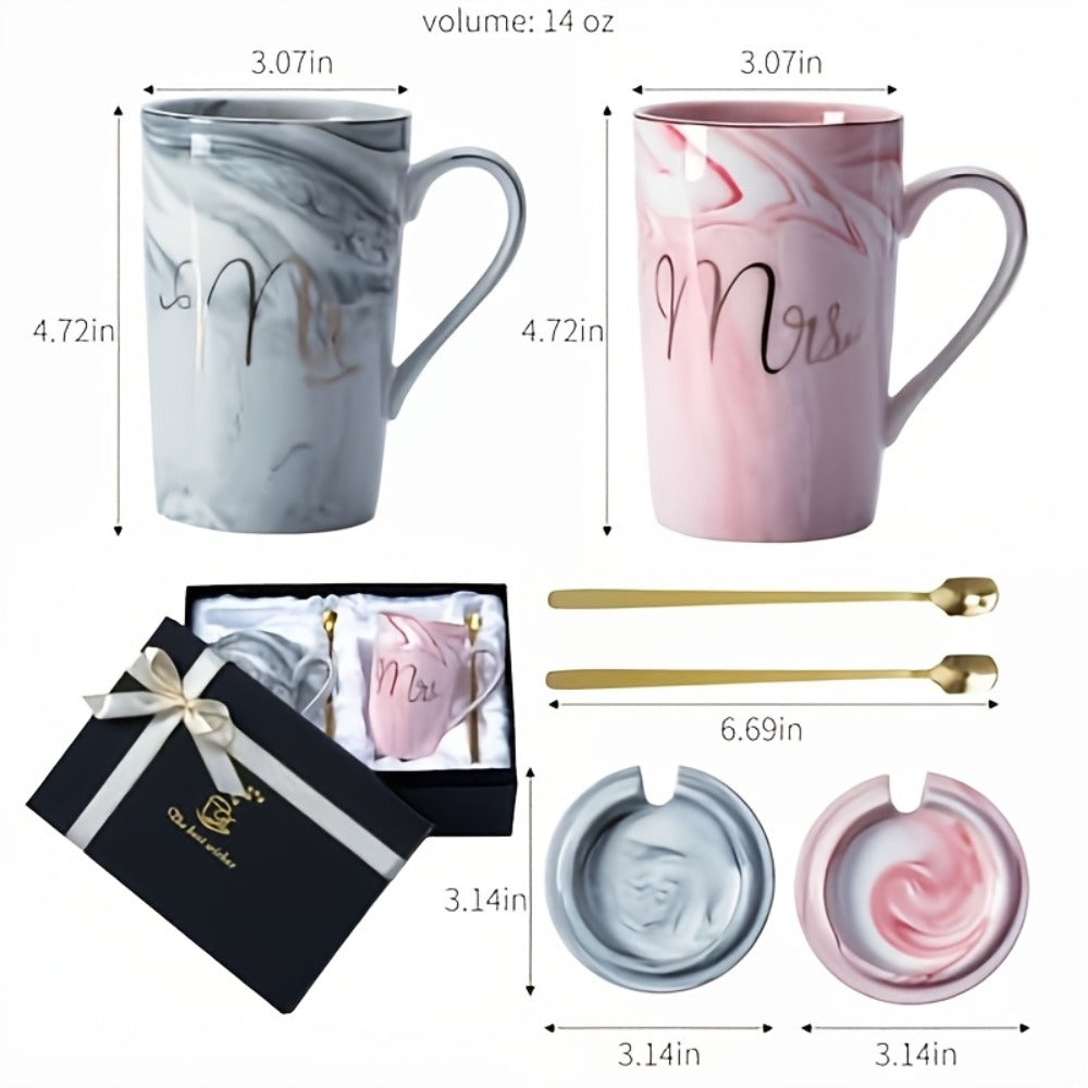 Mr and Mrs Mugs Wedding Gift Set 14oz Ceramic Marble – Bride and Groom Couples Mugs | Bridal Shower Engagement Anniversary Gift | Reusable Grey Pink Couple Coffee Mugs - product image 3