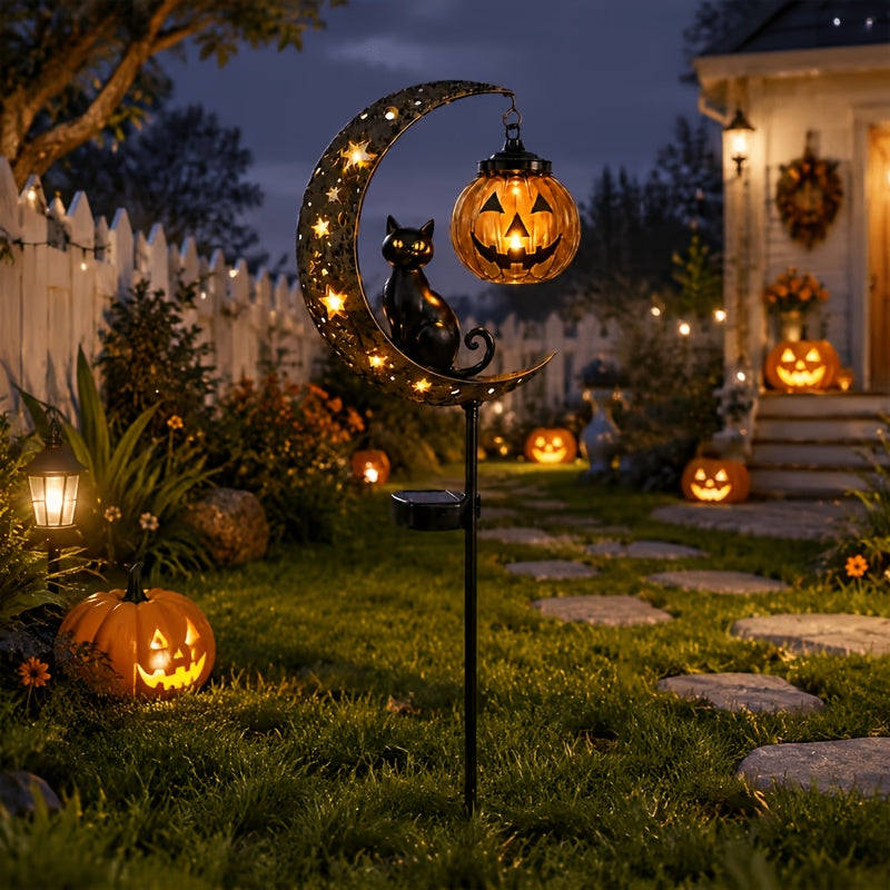 [3D] One Halloween Black Cat and Pumpkin Garden Post, Crescent-shaped Black Cat and Hanging Pumpkin, Outdoor Halloween Garden Decoration for Garden, Courtyard - product image
