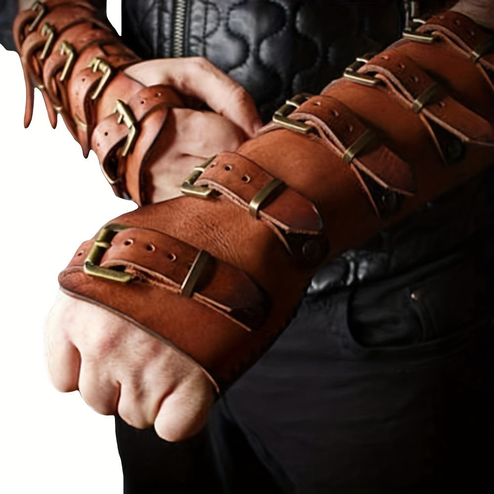 Fantasy Knight Archer Gauntlets for Cosplay Renaissance Faire Halloween Costume Adjustable Brown – LARP Arm Guards Medieval Embossed Faux Leather Elf Bracers