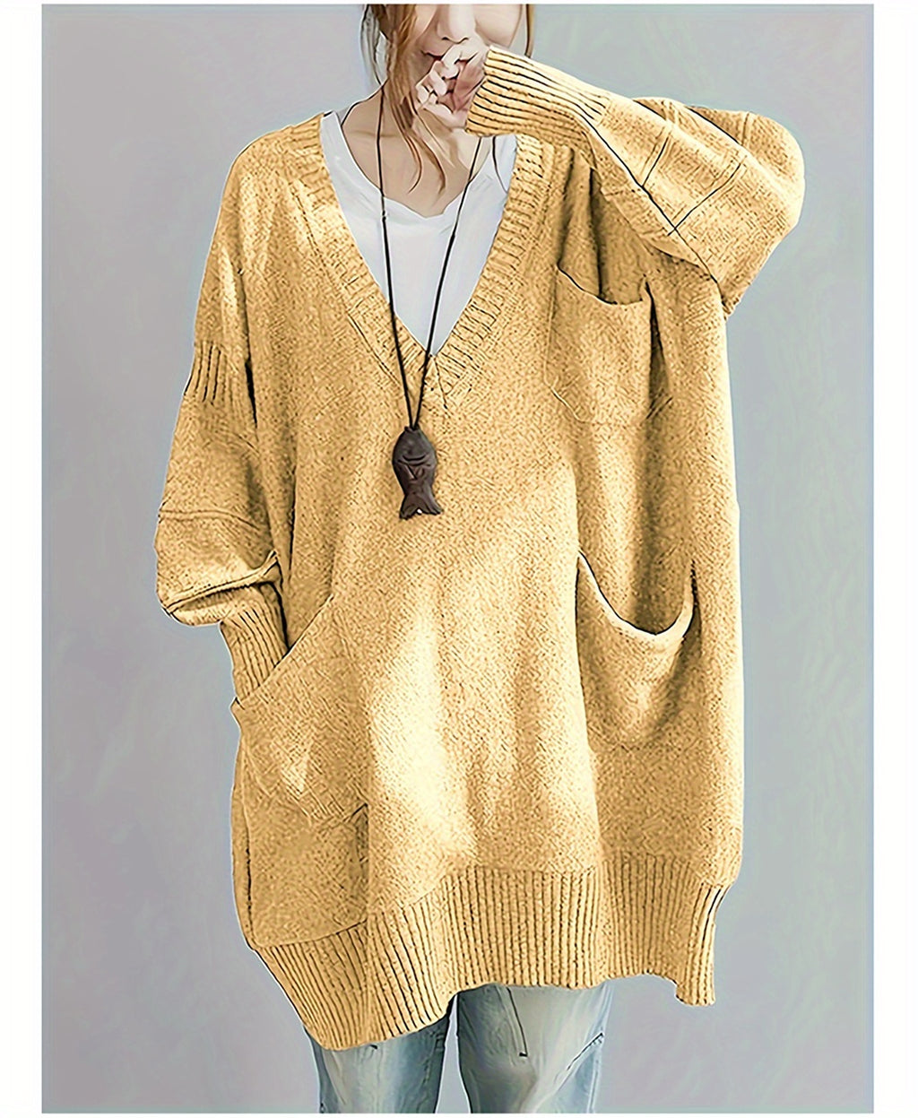 Plus Size, Women's Plus Size Oversized V-Neck Longline Sweater - Soft Machine-Washable Black Pullover for Fall Winter, Elegant Loose Fit Casual Chic Wardrobe - product image 20