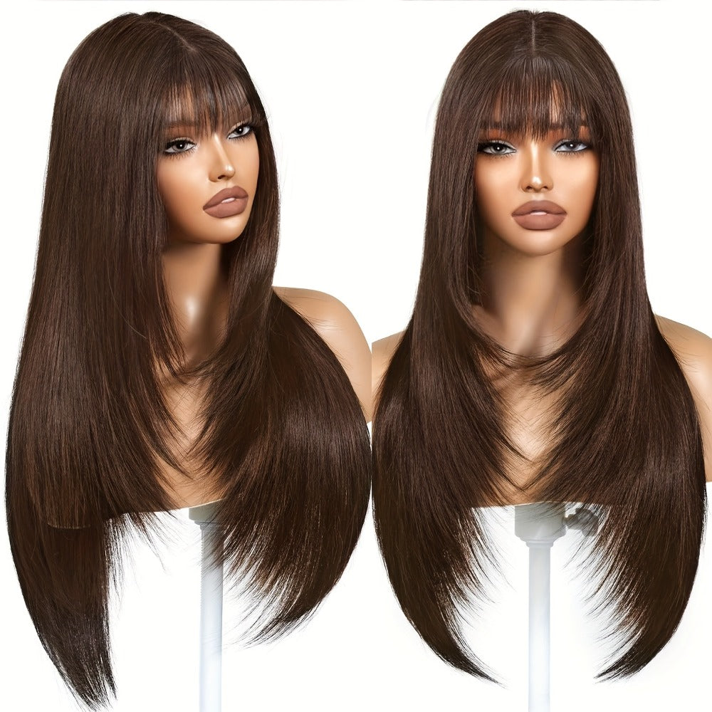 Curtain Bangs Lace Front Wig Synthetic Glueless 26 Inch Long Straight Pre-Bleached Realistic Scalp Natural Hairline 5 Colors Daily Wear Women - product image 8