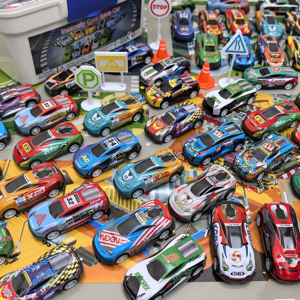 56 Mini Die-Cast Vehicles for Kids Boys Girls Ages 3+, Party Favors Birthday Christmas Gift – 64 Pcs Pull Back Toy Car Set with City Map, Traffic Signs - product image 5