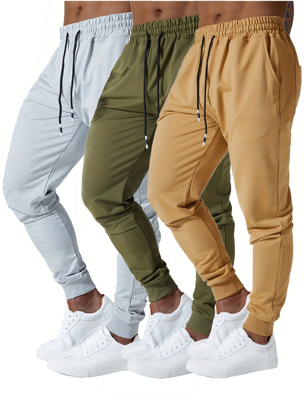 3pcs Men's Jogger Sweatpants - Ultra-Elastic Gym Pants with Deep Side Pockets, Mid-Rise Athletic Workout Bottoms, Solid Color Casual & Training Wear - product image