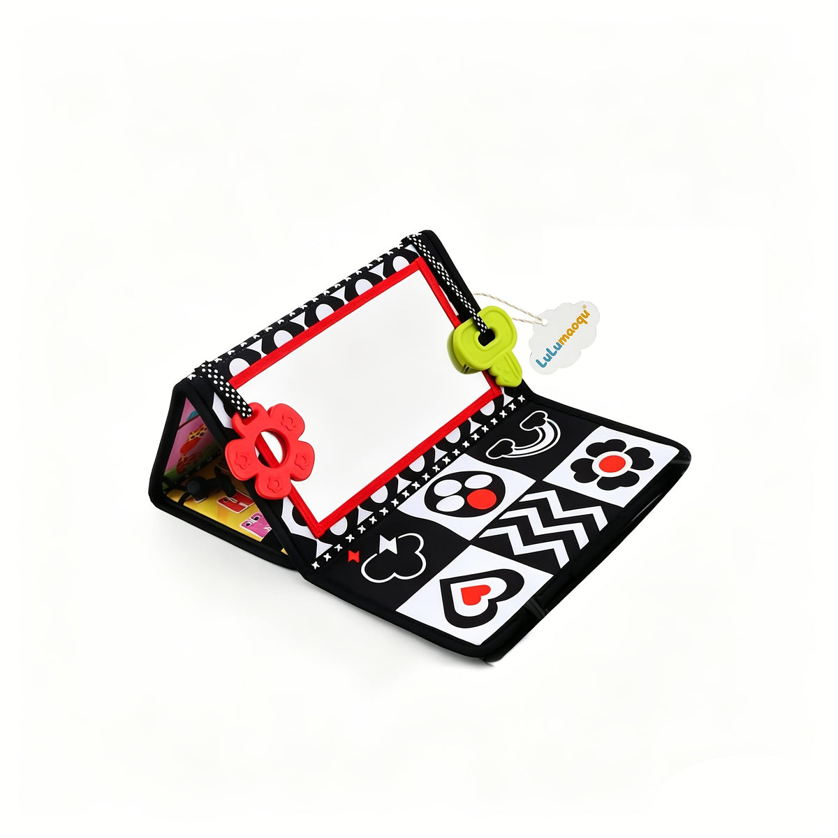 Double-Sided Tummy Time Floor Mirror with Teethers - Black & White High Contrast Baby Toys for Sensory Development, Crawling Aid with Interactive Animal & Geometric Patterns