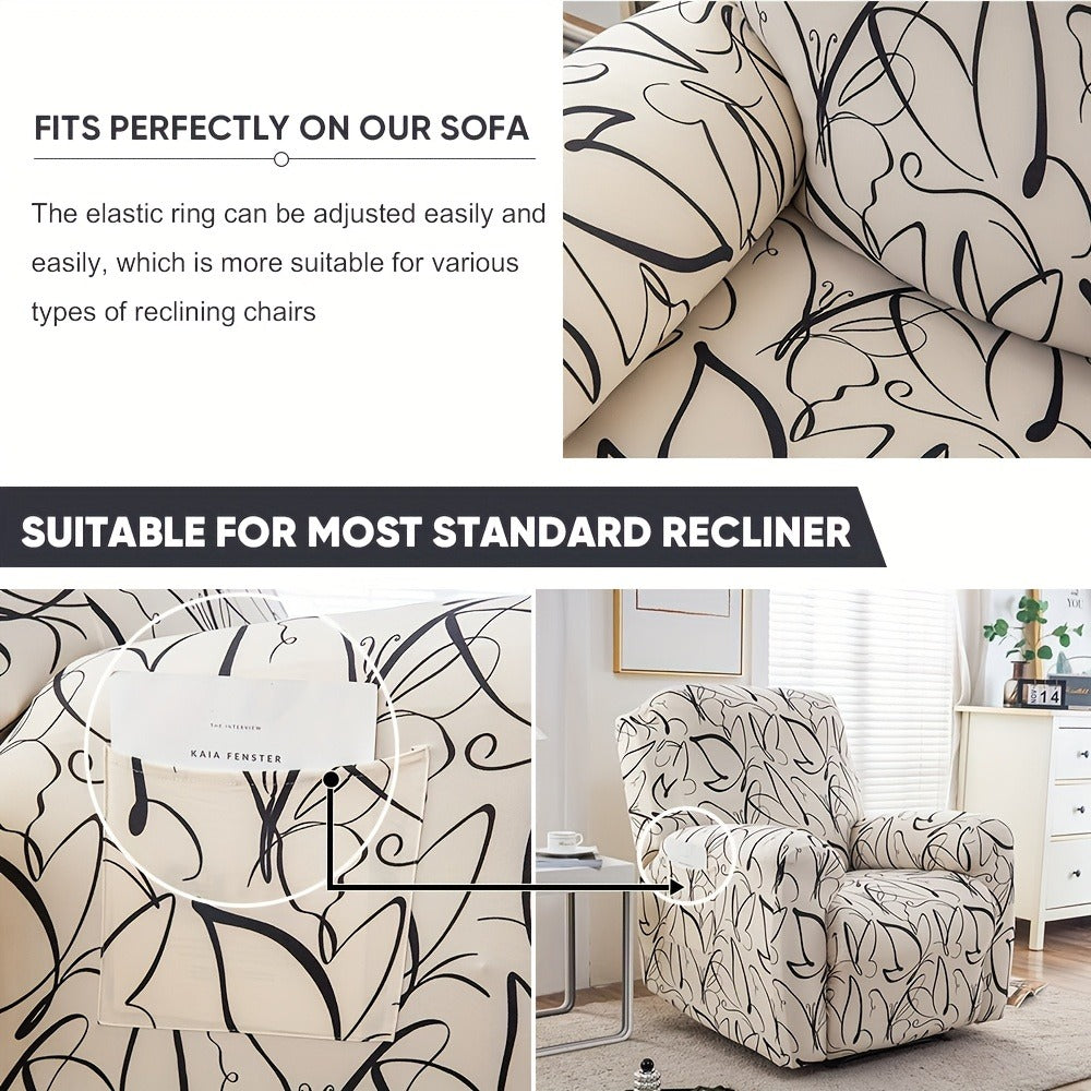 Recliner Slipcover 4pcs Extra Large with Pocket - Spandex Stretch Four Seasons Furniture Protector | Botanical Geometric Prints | Living Room Home Decor Sofa Chair Cover - product image 6