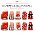 Short Duckbill Press On Nails 3D Red Lips Skull Cherry Bow Rhinestone – Zebra Stripe Polka Dot Sweet Cool Acrylic Nail Art Set for Party, Date Night & Daily Wear, 10pcs S/M/L with  - product image 14