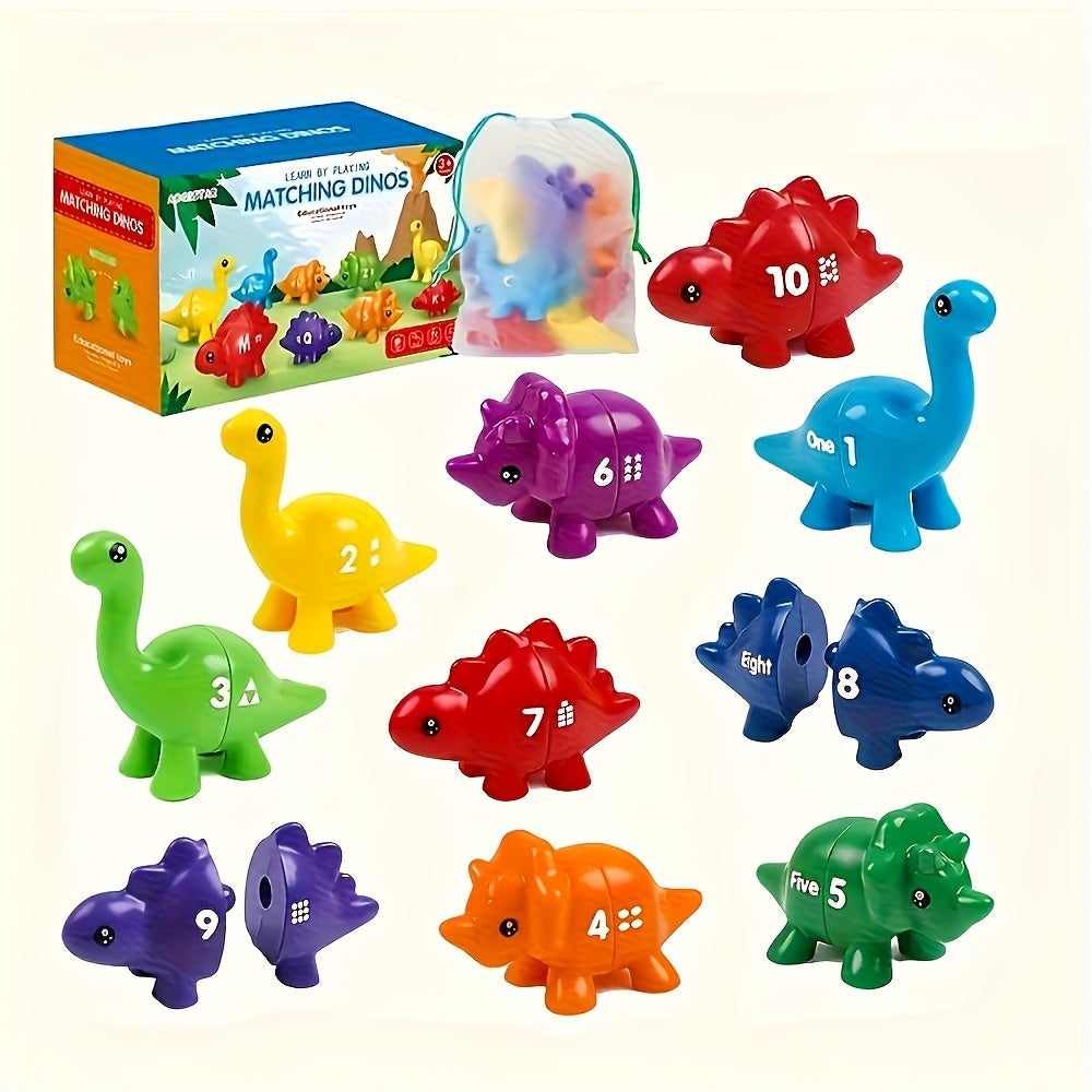 10 Pairs Retractable Plug-In Counting Sorting Math Game with Storage Bag, Montessori STEM Learning Gift for Boys Girls Ages 1-3, Birthday Easter Christmas | Dinosaur Number Matching Toy for Toddlers