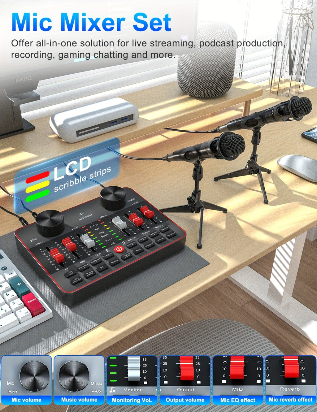Podcast Equipment Bundle, All-in-One Audio Interface DJ Mixer with 2 Condenser Microphones, Recording Studio Kit Live Sound Card for Singing Broadcast, Live - product image 12