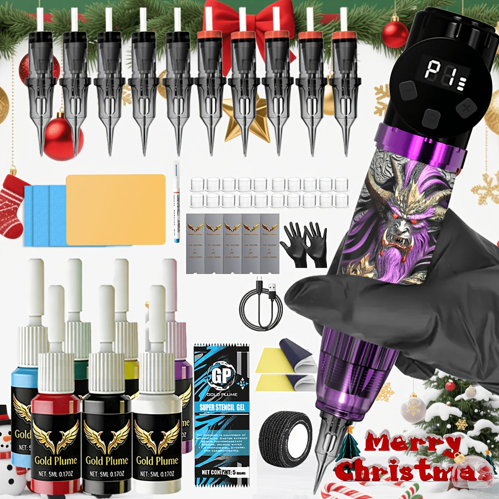 Tattoo Gun Kit Complete Set GOLDPLUME Cordless Rotary Machine 1500mAh Power Supply 10 Needles 7 Inks Full Supplies for Beginners & Professional Artists - product image 11