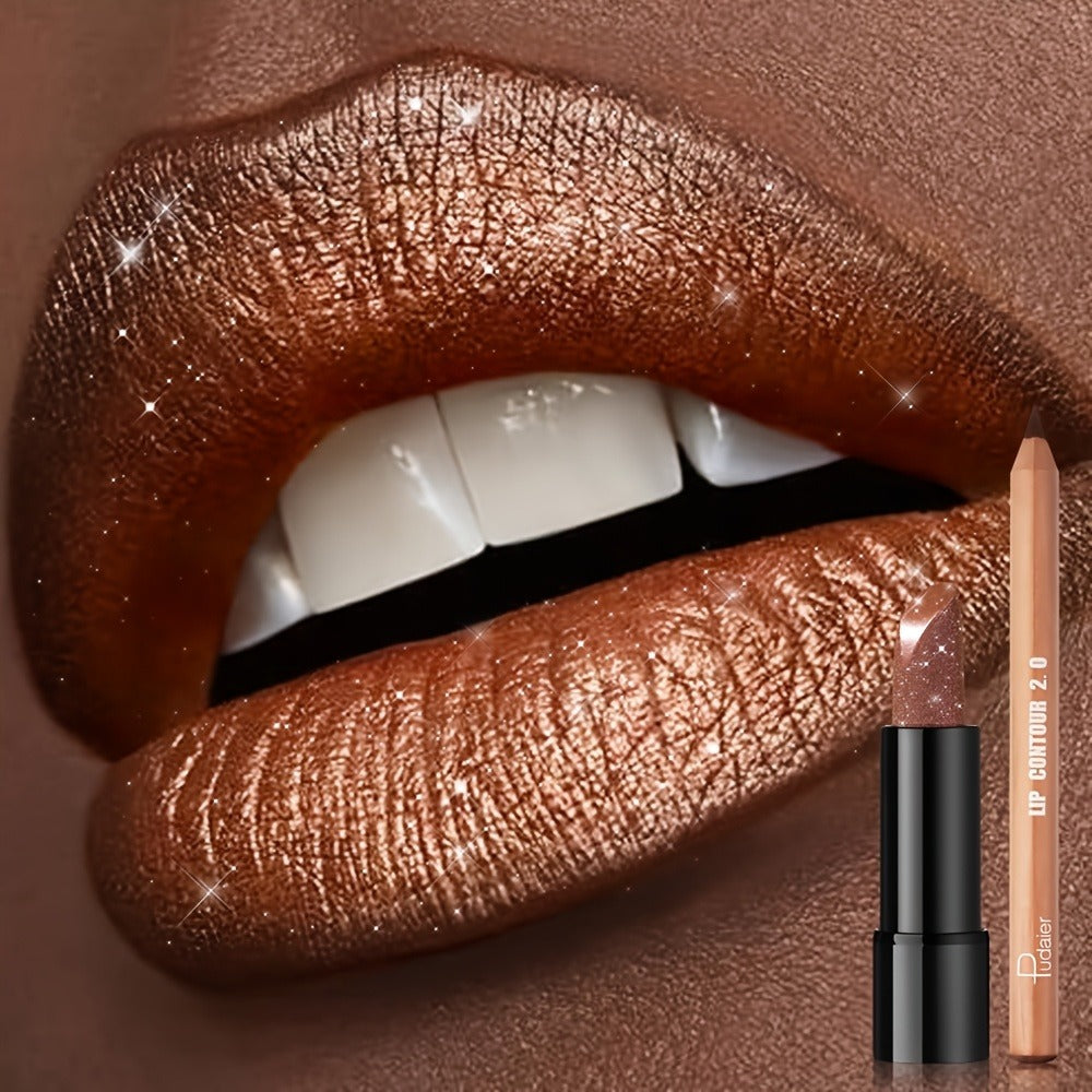 Golden Lipstick Set with Lip Liner Pencil 2 Piece — Brown Shimmer Lipstick and Nude Lip Liner, Viral Fall Makeup Kit Luxury Press Gold Lip Color for Women, Perfect Beauty Gift - product image