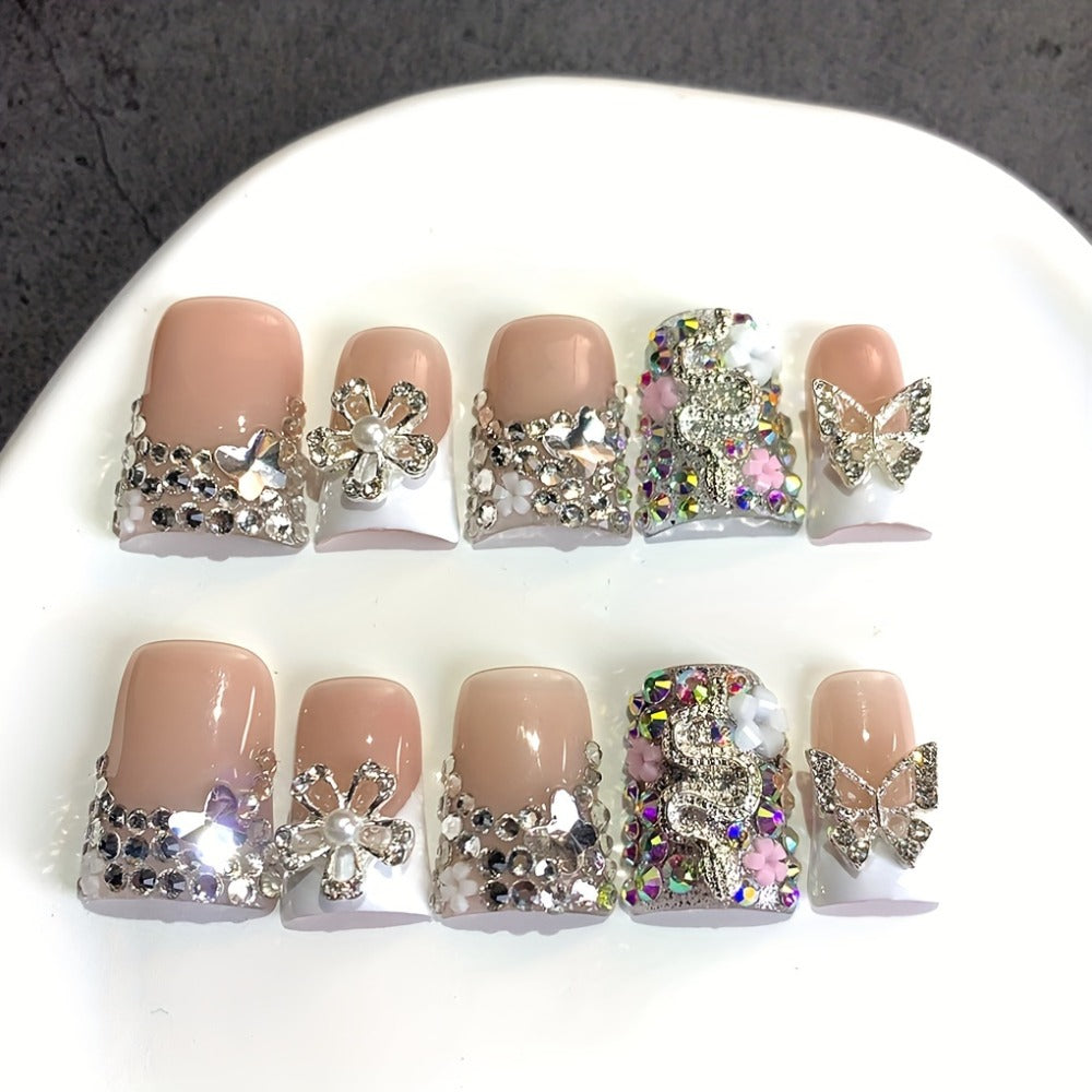 Ugly Cute Duckbill Press On Nails White French Style – Colorful AB Iridescent Floral Full Cover Handmade Acrylic Fake Nails for Daily Use, Parties & Birthday Gifts, 10pcs S/M/L - product image 6