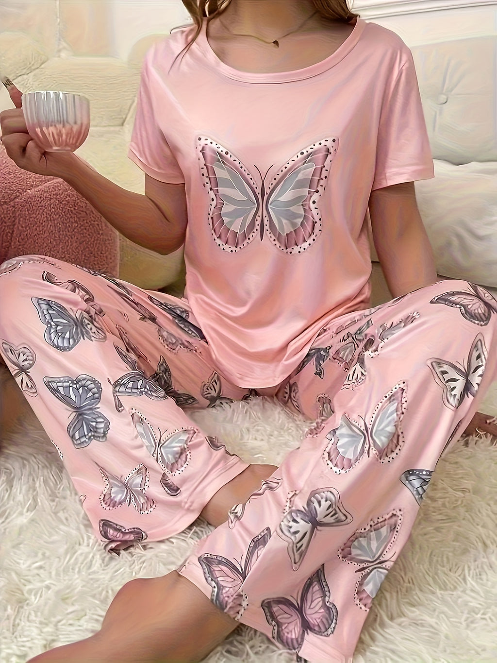 2pcs Women's Pajama Set With Butterfly Pattern Top and Pants - product image 8