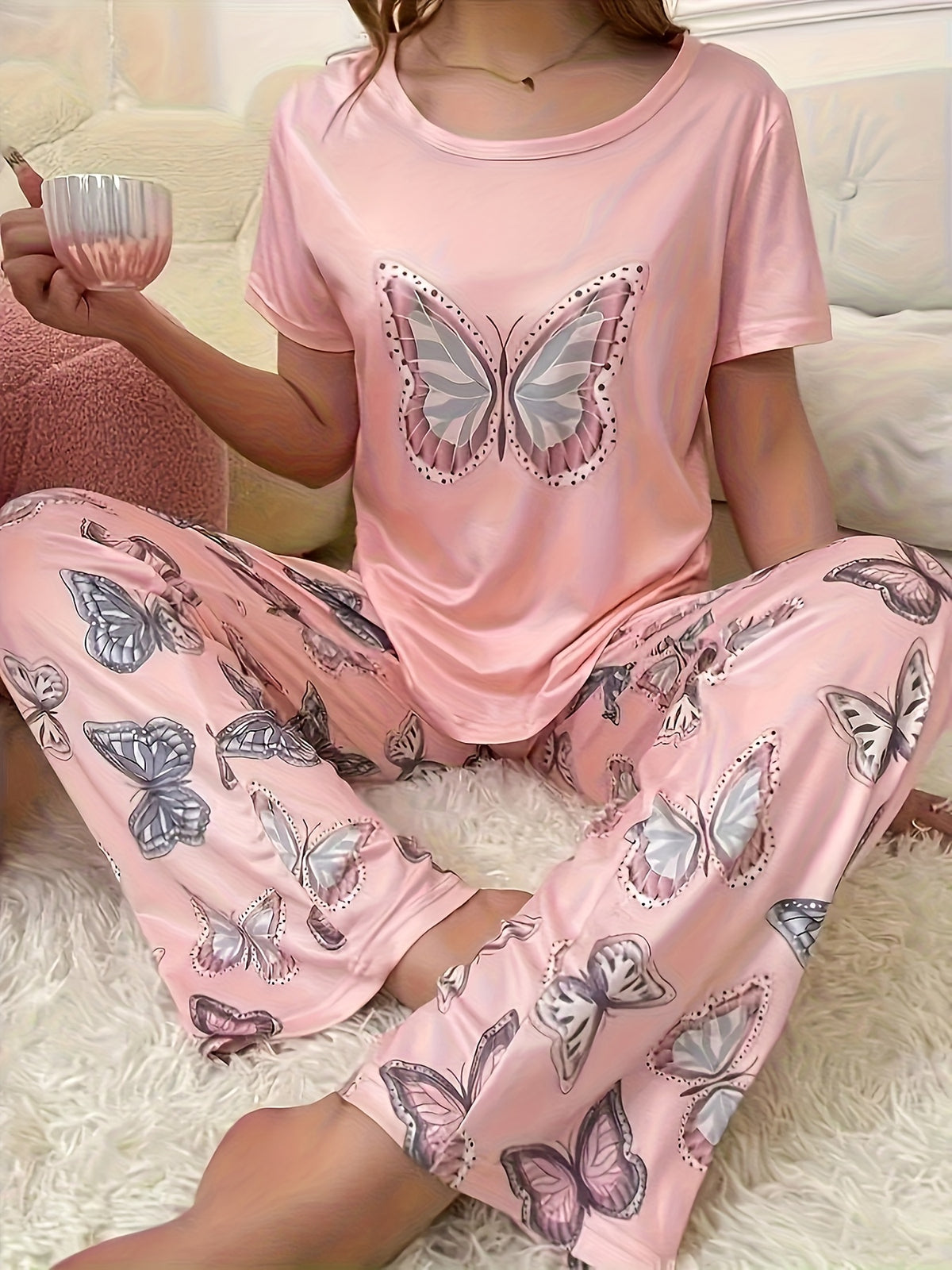2pcs Women's Pajama Set With Butterfly Pattern Top and Pants - product image 8