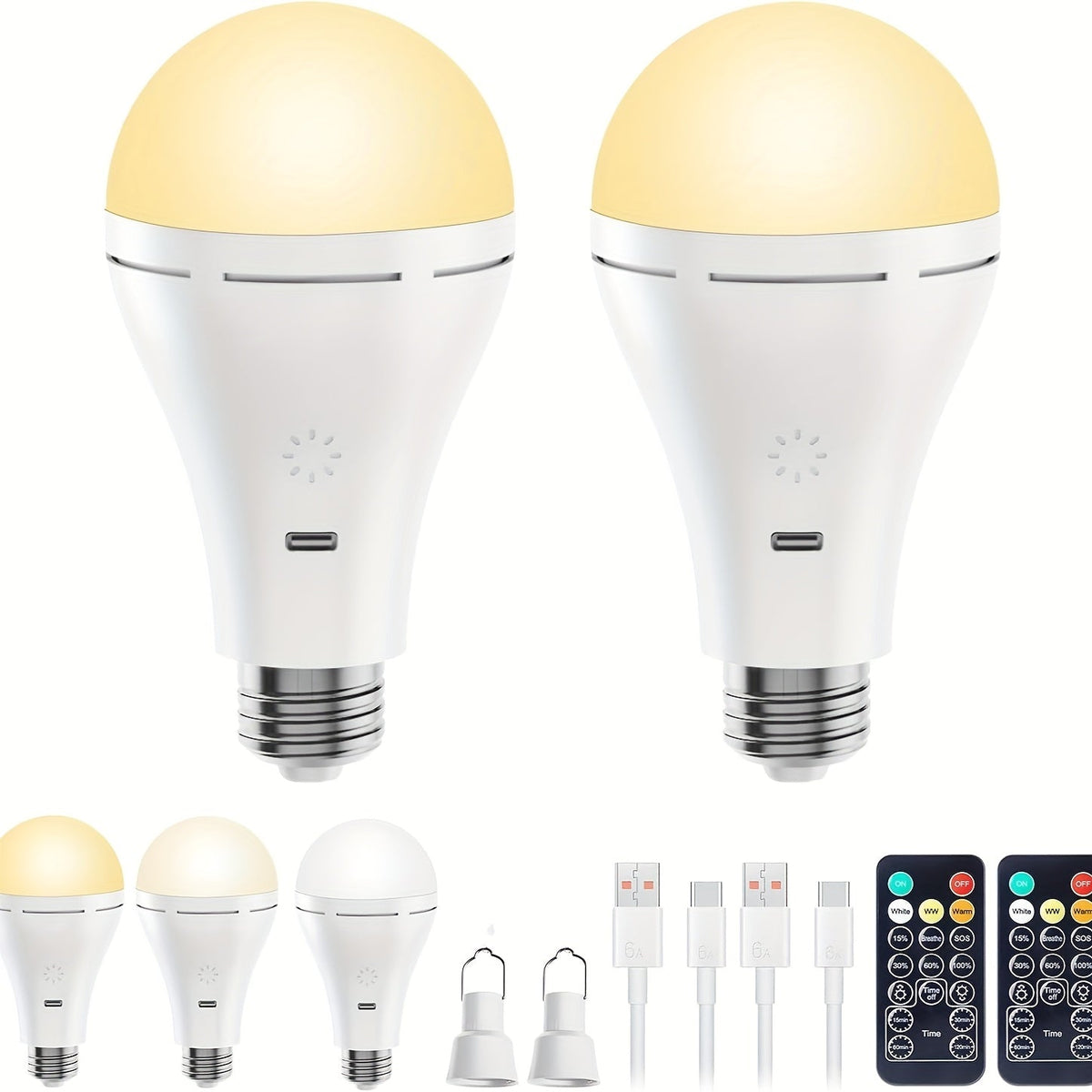 USB Rechargeable Light Bulbs 2-Pack with Remote Control Dimmable Timer 3 Color Temperatures E26 9W 350LM 2000mAh Emergency LED Bulb with Hook for Camping - product image 11
