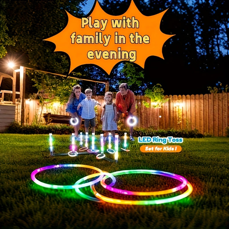 LED Glow Ring Toss Game – Indoor Outdoor Lawn Game for Kids & Family – Glowing Ring Toss Set for Game Night Parties Kindergarten Educational Fun Competition Backyard Play