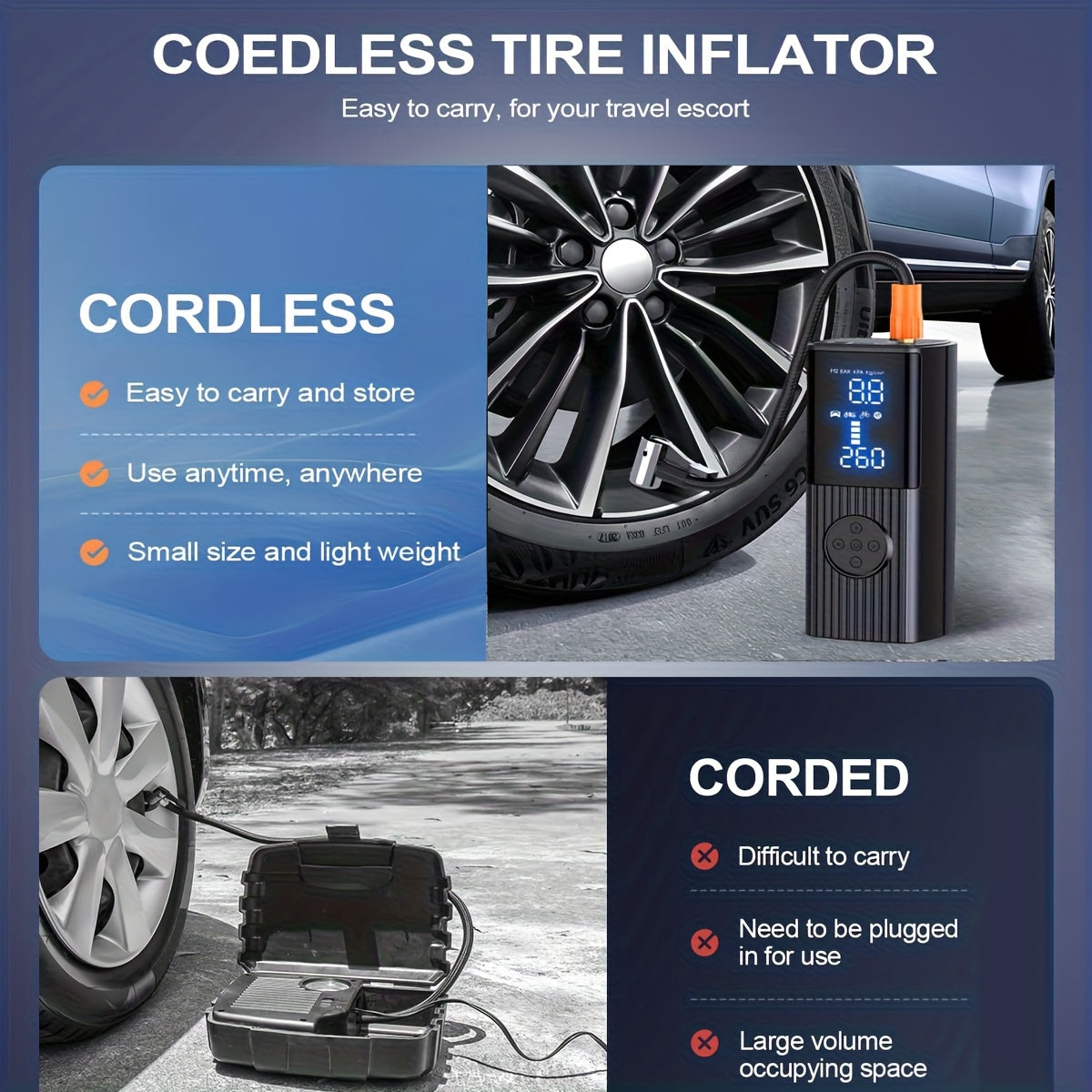 Portable Tire Inflator with Digital Pressure Gauge, Car Tire Pump, 210 PSI, 22 Cylinders, Rechargeable Battery, LED Light, Cordless Air Pump, Wireless Bicycle - product image 2