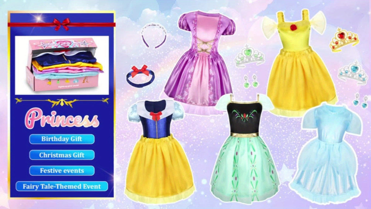 5 Role Play Outfits with Crowns, Earrings & Storage Box, Toddler Princess Costumes for Girls Ages 3-6, Birthday Gift | Girls Princess Dress Up Costume Set 14pcs