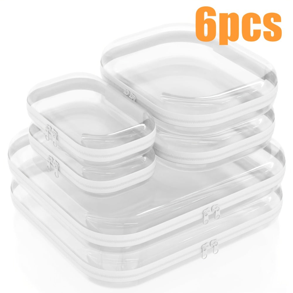 Clear Hard Shell Storage Bag Set 6Pcs Transparent Zippered Makeup Organizer Pouch Hard Plastic Pencil Case Travel Toiletry Bag Small Medium Large Sizes Multi-Purpose - product image