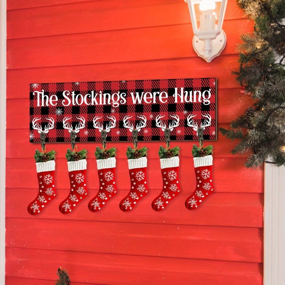 Christmas Stocking Holder with 6 Hooks – Wooden Sign Wall Rack with Snowflake Design & "The Stockings Were Hung" Quote, Santa Claus Mantel Hanger for Holiday Fireplace Decor - product image 3