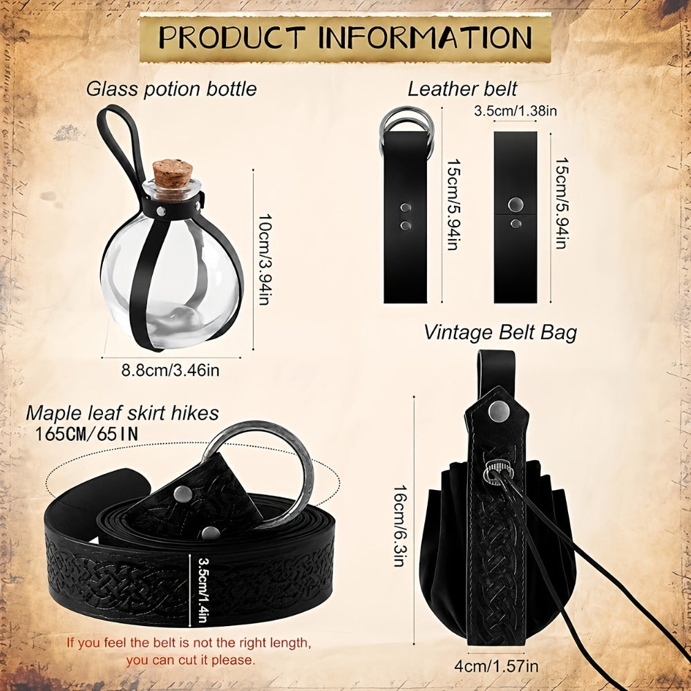 LARP Halloween Cosplay Renaissance Fair Themed Party Role Play Costume Accessory, Black & Brown – Medieval Belt Set 5pcs Viking Renaissance Faux Leather - product image 2